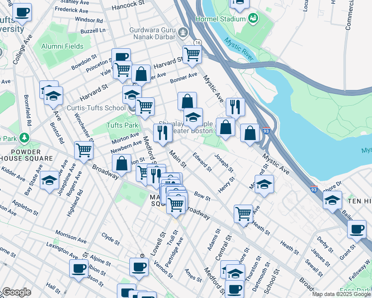 map of restaurants, bars, coffee shops, grocery stores, and more near 90 Edward Street in Medford