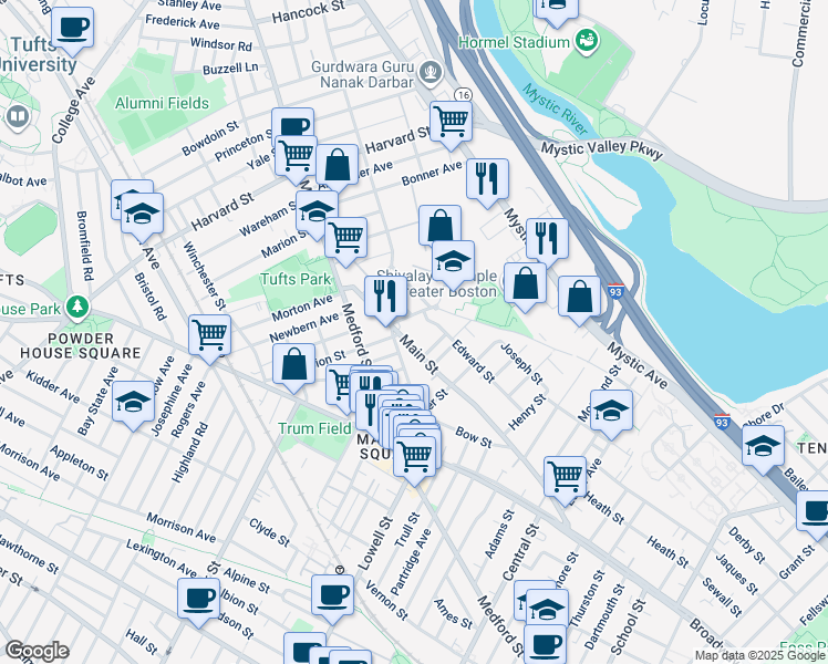 map of restaurants, bars, coffee shops, grocery stores, and more near 90 Edward Street in Medford