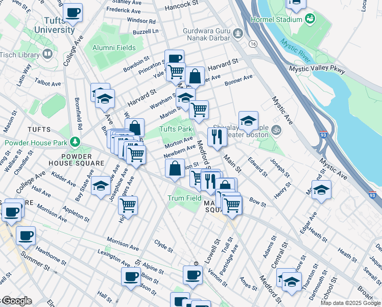 map of restaurants, bars, coffee shops, grocery stores, and more near 28 Newbern Avenue in Medford