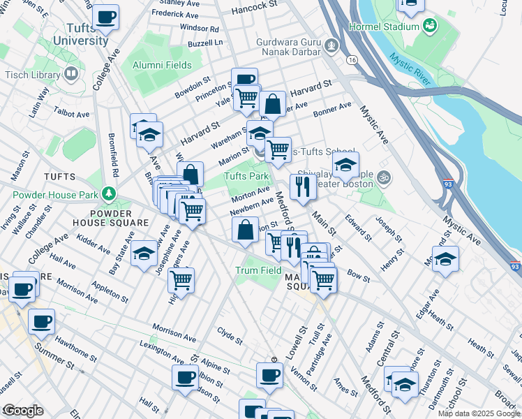 map of restaurants, bars, coffee shops, grocery stores, and more near 28 Newbern Avenue in Medford