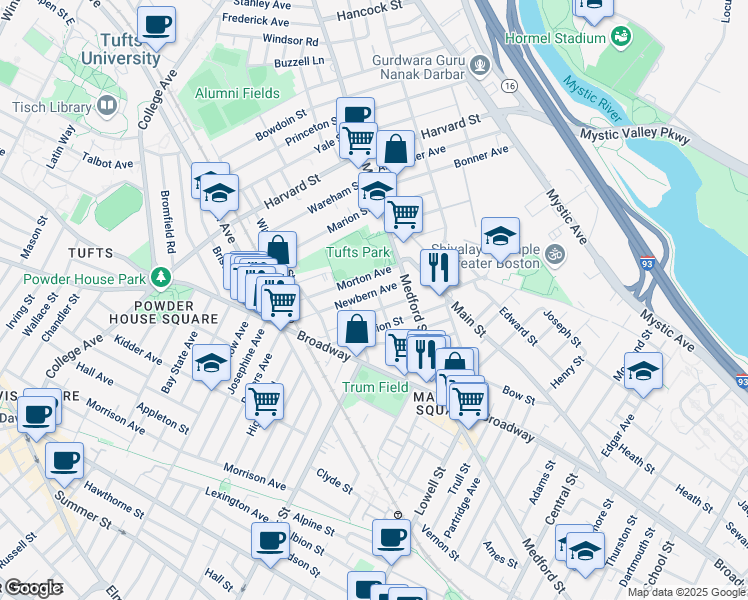 map of restaurants, bars, coffee shops, grocery stores, and more near 28 Newbern Avenue in Medford
