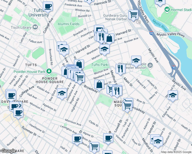 map of restaurants, bars, coffee shops, grocery stores, and more near 55 Newbern Avenue in Medford