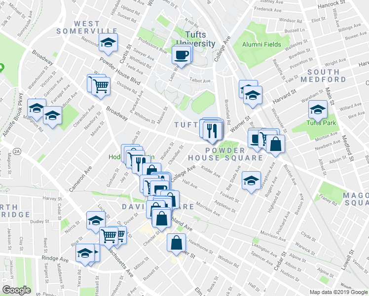 map of restaurants, bars, coffee shops, grocery stores, and more near 28 Billingham Street in Somerville