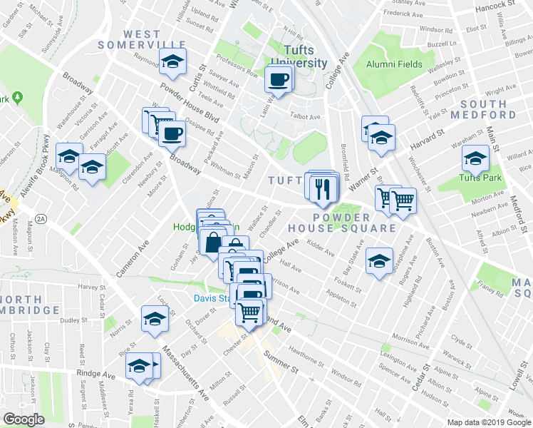 map of restaurants, bars, coffee shops, grocery stores, and more near 95 Wallace Street in Somerville