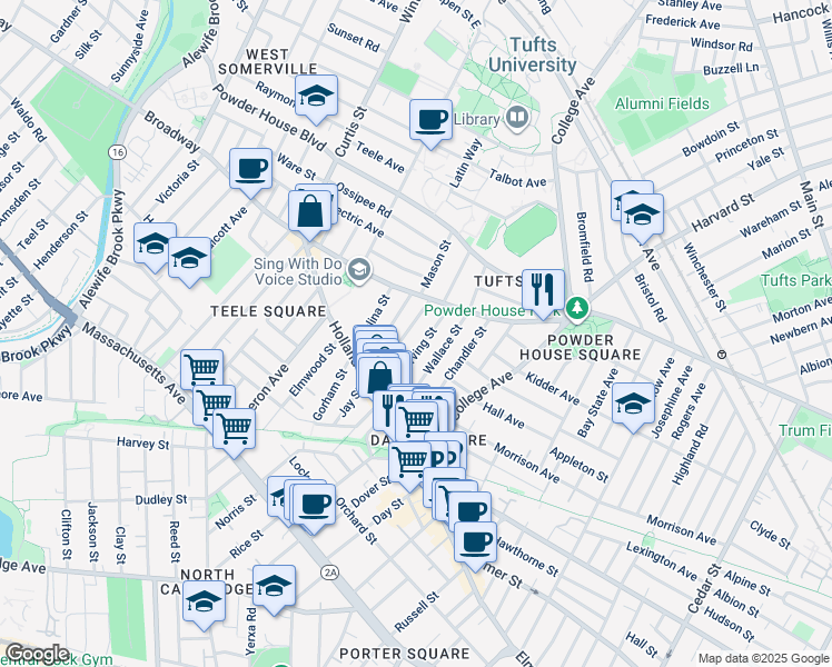 map of restaurants, bars, coffee shops, grocery stores, and more near 66 Irving Street in Somerville