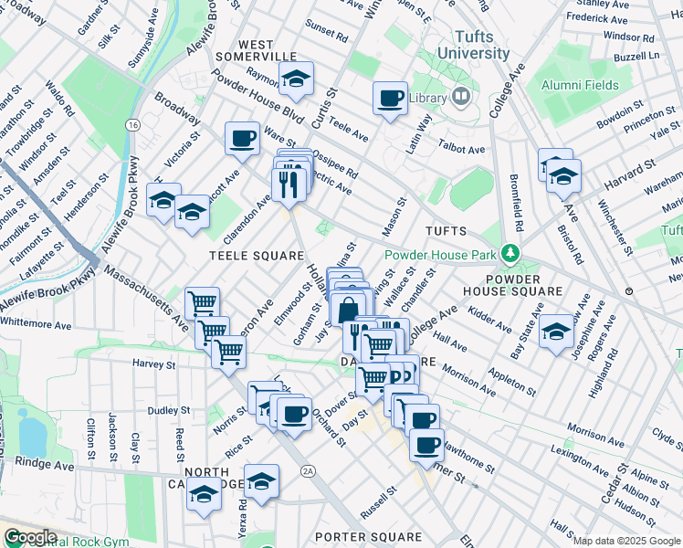 map of restaurants, bars, coffee shops, grocery stores, and more near 41 Corinthian Road in Somerville