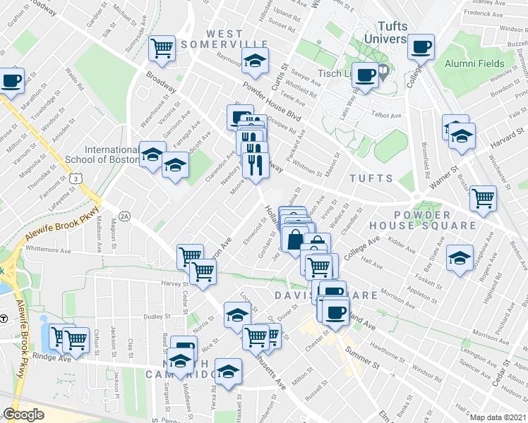 map of restaurants, bars, coffee shops, grocery stores, and more near 158 Holland Street in Somerville