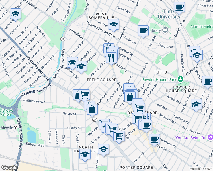 map of restaurants, bars, coffee shops, grocery stores, and more near 19 Cameron Avenue in Somerville