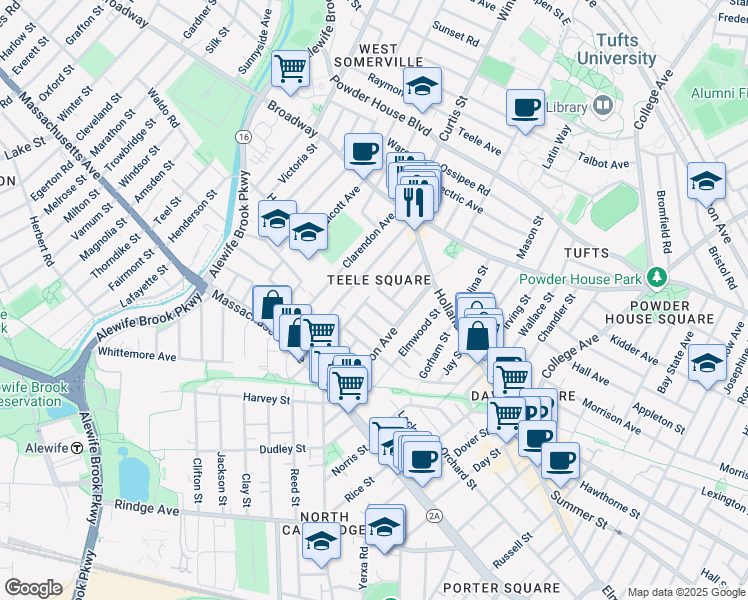 map of restaurants, bars, coffee shops, grocery stores, and more near 26 Mead Street in Somerville