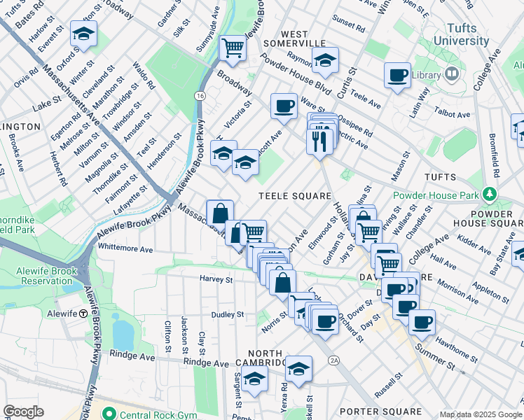 map of restaurants, bars, coffee shops, grocery stores, and more near 82 Newbury Street in Somerville