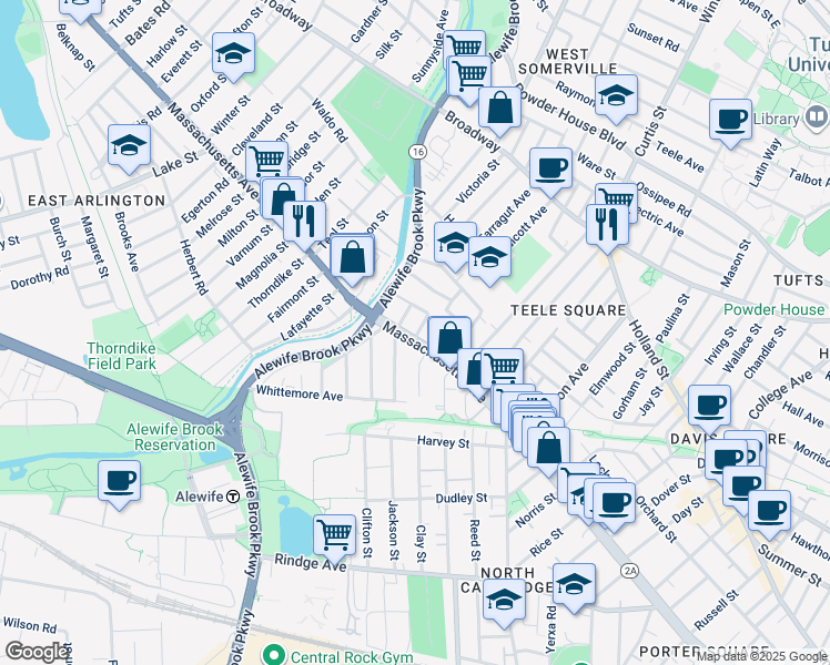 map of restaurants, bars, coffee shops, grocery stores, and more near 2571 Massachusetts Avenue in Cambridge