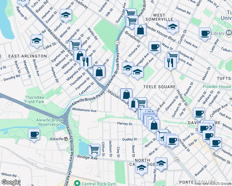 map of restaurants, bars, coffee shops, grocery stores, and more near 2571 Massachusetts Avenue in Cambridge