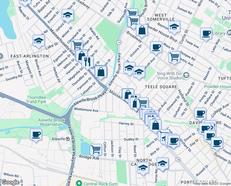 map of restaurants, bars, coffee shops, grocery stores, and more near 2571 Massachusetts Avenue in Cambridge