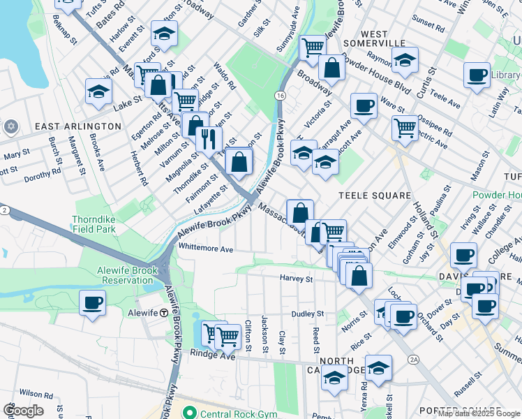 map of restaurants, bars, coffee shops, grocery stores, and more near 25 Columbus Avenue in Cambridge