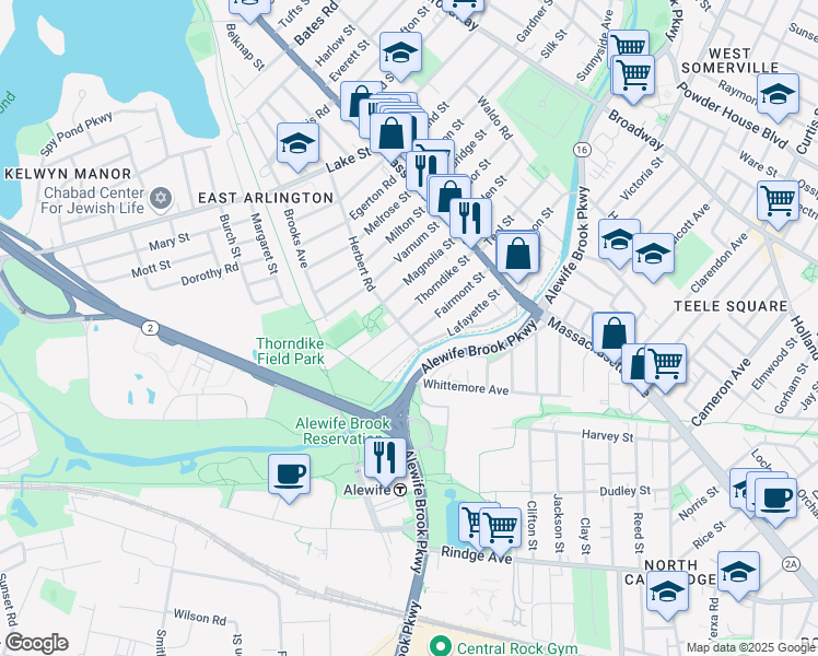 map of restaurants, bars, coffee shops, grocery stores, and more near 58 Fairmont Street in Arlington