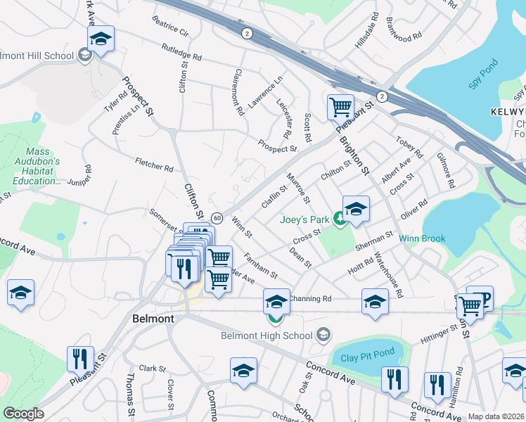 map of restaurants, bars, coffee shops, grocery stores, and more near 138 Claflin Street in Belmont