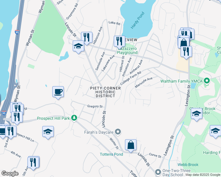 map of restaurants, bars, coffee shops, grocery stores, and more near 301 College Farm Road in Waltham