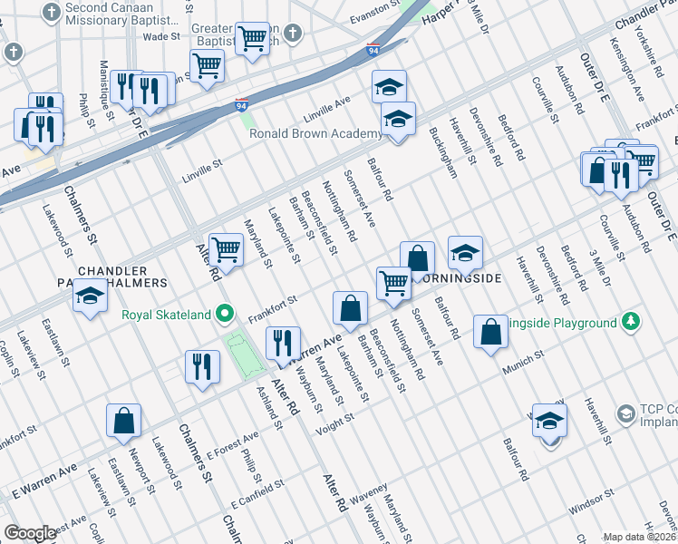 map of restaurants, bars, coffee shops, grocery stores, and more near 5211 Beaconsfield Street in Detroit