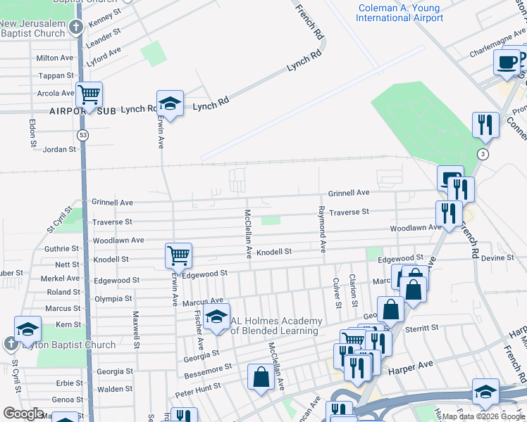 map of restaurants, bars, coffee shops, grocery stores, and more near 9381 Traverse Street in Detroit