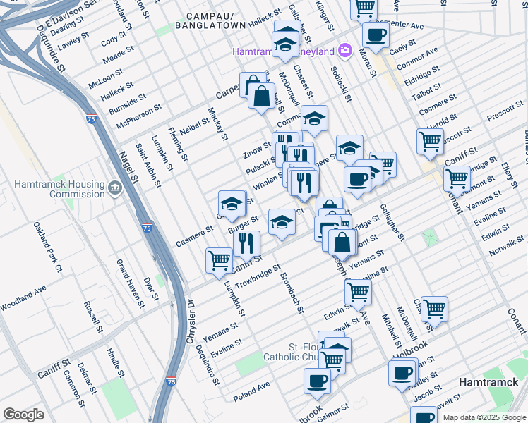 map of restaurants, bars, coffee shops, grocery stores, and more near 2415 Burger Street in Hamtramck