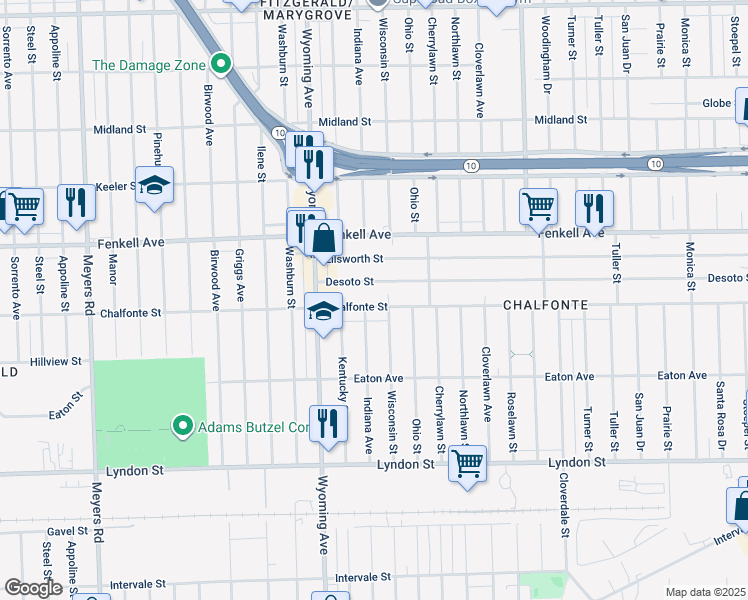 map of restaurants, bars, coffee shops, grocery stores, and more near 8724 Chalfonte Street in Detroit