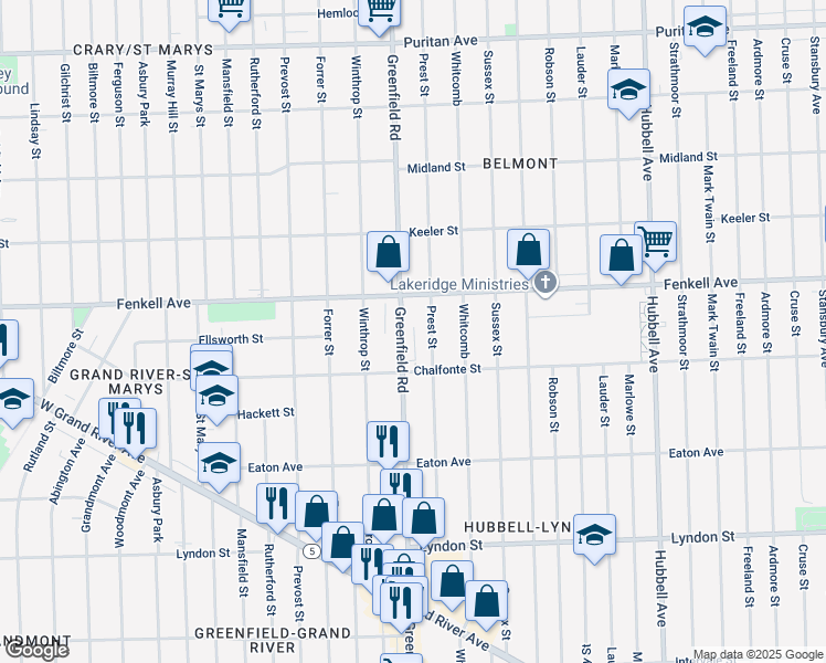 map of restaurants, bars, coffee shops, grocery stores, and more near 15080 Prest Street in Detroit