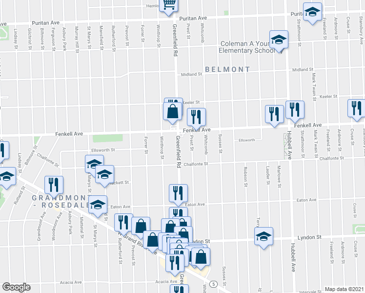 map of restaurants, bars, coffee shops, grocery stores, and more near 15097 Greenfield Road in Detroit
