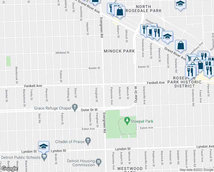 map of restaurants, bars, coffee shops, grocery stores, and more near 15169 Plainview Avenue in Detroit