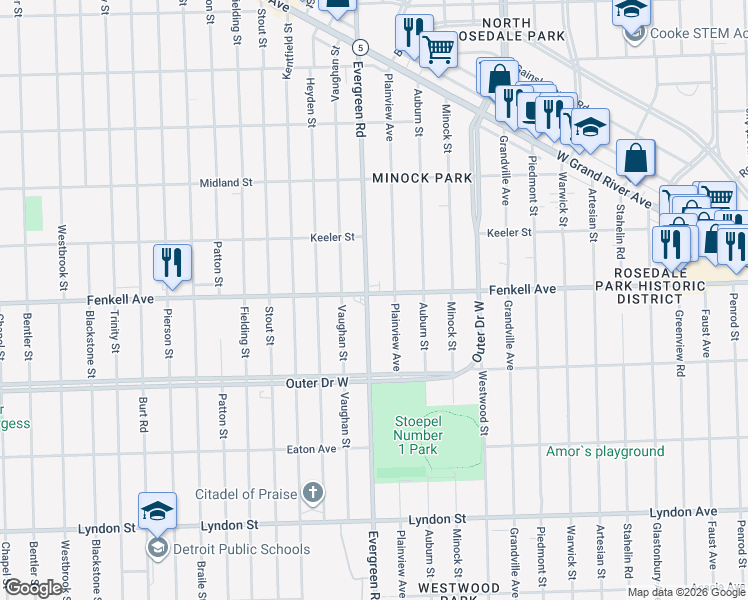 map of restaurants, bars, coffee shops, grocery stores, and more near 15169 Plainview Avenue in Detroit