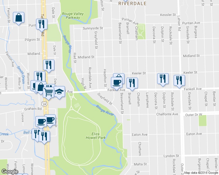 map of restaurants, bars, coffee shops, grocery stores, and more near 15313 Hazelton Street in Detroit