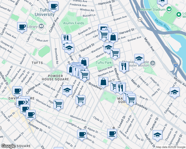 map of restaurants, bars, coffee shops, grocery stores, and more near 76 Winchester Street in Medford
