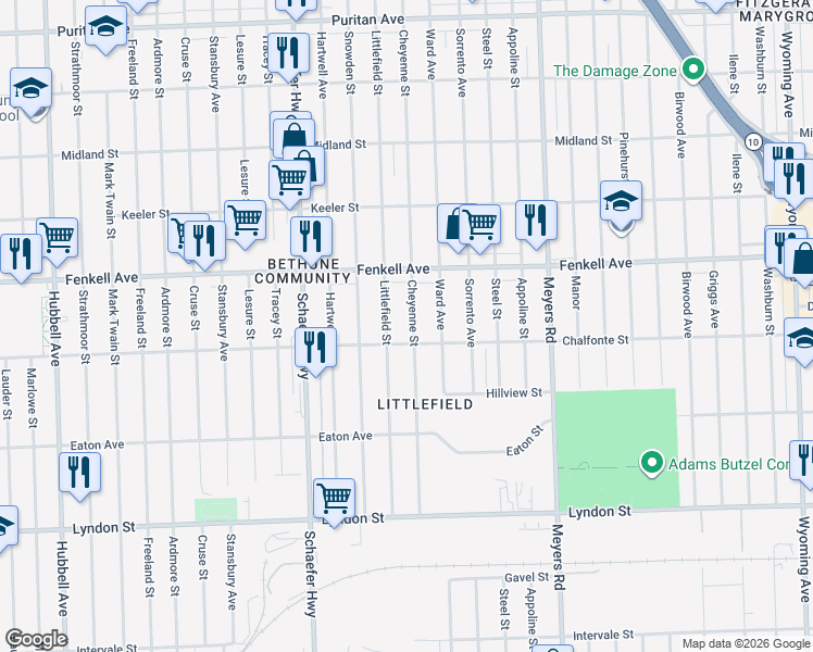 map of restaurants, bars, coffee shops, grocery stores, and more near 15033 Cheyenne Street in Detroit