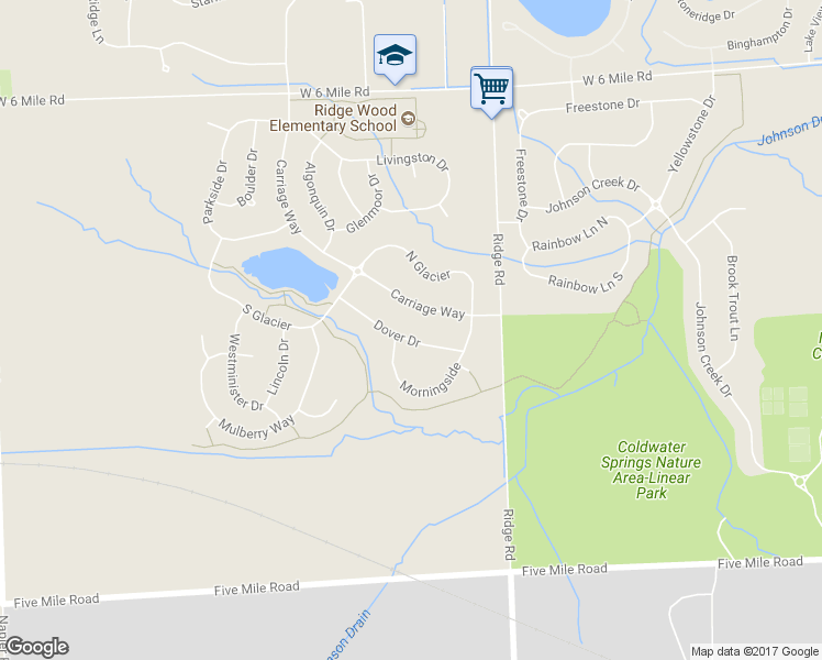 map of restaurants, bars, coffee shops, grocery stores, and more near 15895 Morningside in Northville