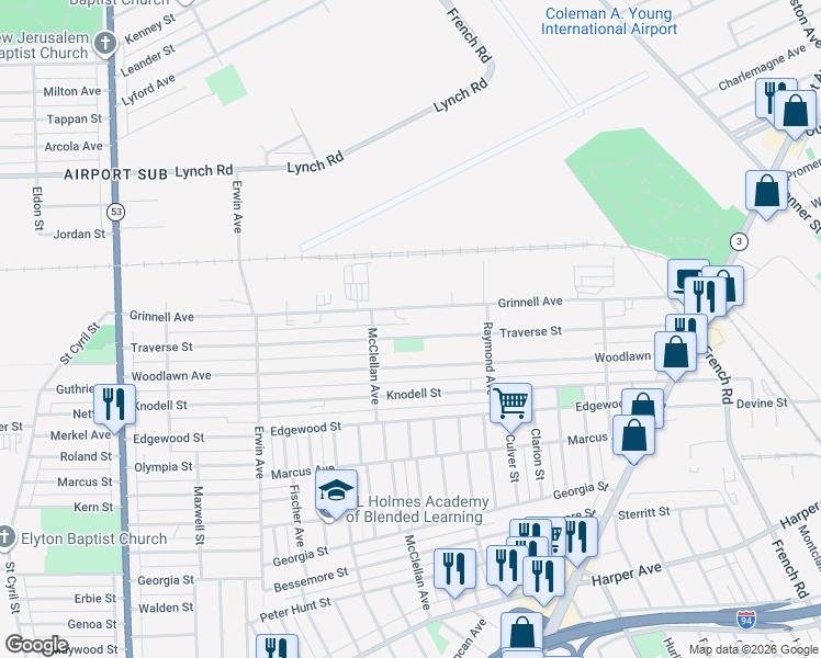 map of restaurants, bars, coffee shops, grocery stores, and more near 9381 Traverse Street in Detroit