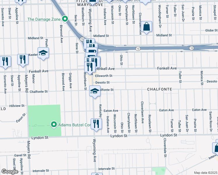 map of restaurants, bars, coffee shops, grocery stores, and more near 8724 Chalfonte Street in Detroit