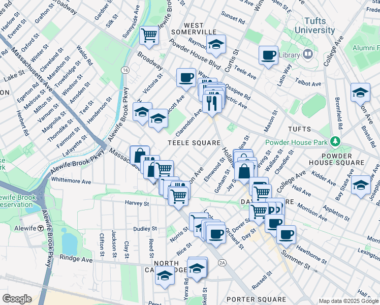 map of restaurants, bars, coffee shops, grocery stores, and more near 116 Yorktown Street in Somerville