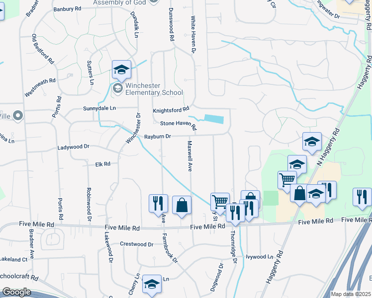 map of restaurants, bars, coffee shops, grocery stores, and more near 15899 Maxwell Avenue in Plymouth