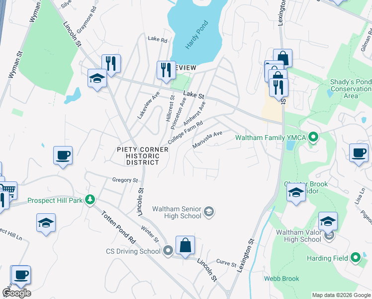 map of restaurants, bars, coffee shops, grocery stores, and more near 93 Marivista Avenue in Waltham