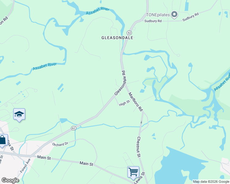 map of restaurants, bars, coffee shops, grocery stores, and more near 563 Gleasondale Rd in Stow