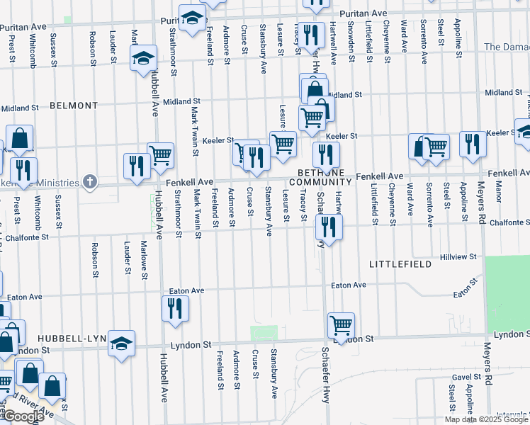 map of restaurants, bars, coffee shops, grocery stores, and more near 15047 Stansbury Avenue in Detroit