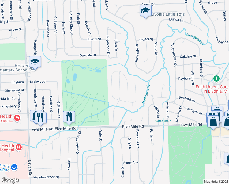 map of restaurants, bars, coffee shops, grocery stores, and more near 15696 Edgewood Street in Livonia