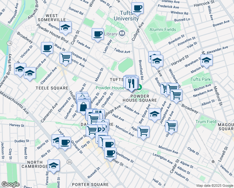 map of restaurants, bars, coffee shops, grocery stores, and more near 28 Billingham Street in Somerville