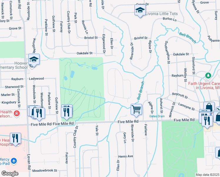 map of restaurants, bars, coffee shops, grocery stores, and more near 15696 Edgewood Street in Livonia