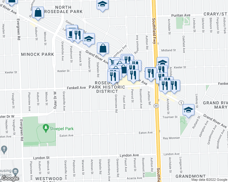 map of restaurants, bars, coffee shops, grocery stores, and more near 15143 Greenview Road in Detroit