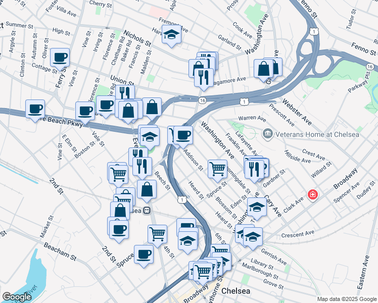 map of restaurants, bars, coffee shops, grocery stores, and more near 139 Addison Street in Chelsea
