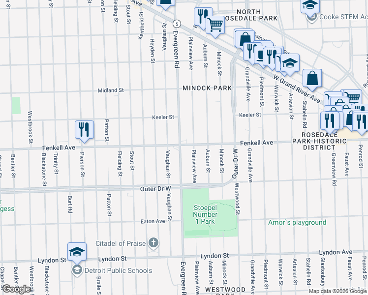 map of restaurants, bars, coffee shops, grocery stores, and more near 15169 Plainview Avenue in Detroit