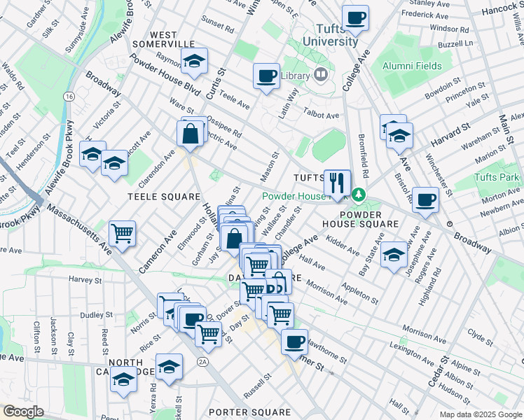 map of restaurants, bars, coffee shops, grocery stores, and more near 66 Irving Street in Somerville