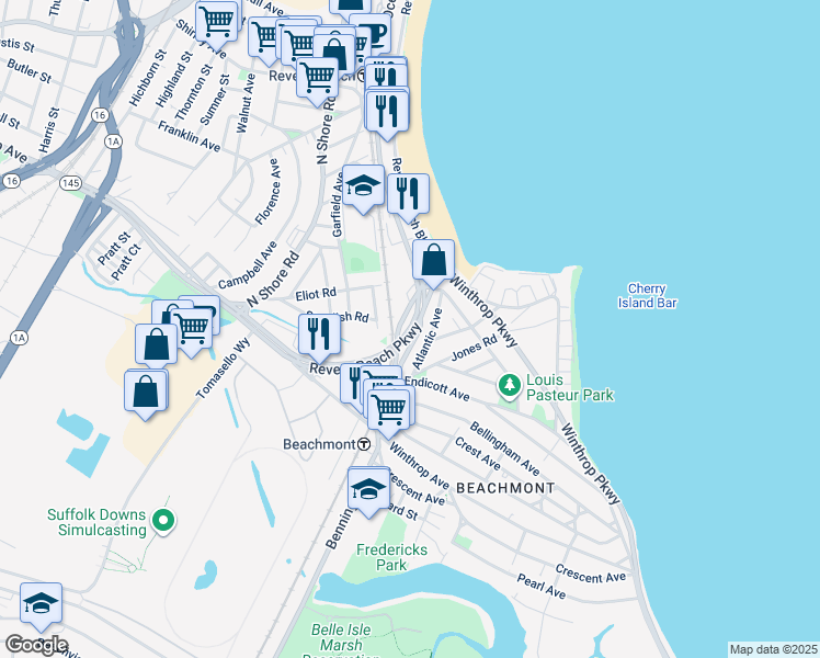 map of restaurants, bars, coffee shops, grocery stores, and more near 21 Revere Beach Parkway in Revere