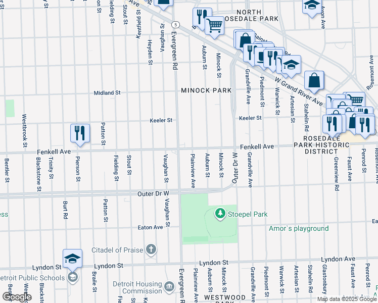 map of restaurants, bars, coffee shops, grocery stores, and more near 15169 Plainview Ave in Detroit