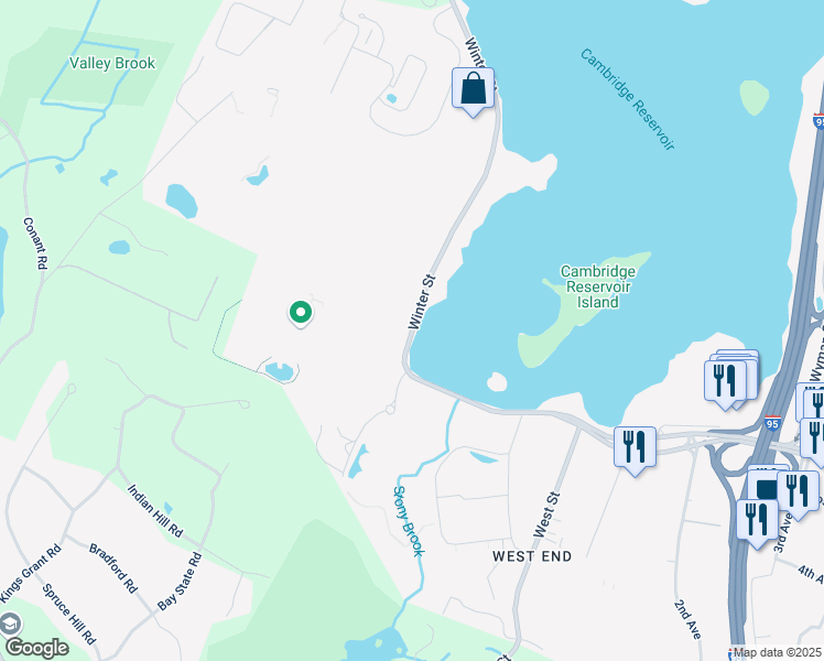 map of restaurants, bars, coffee shops, grocery stores, and more near 890 Winter Street in Waltham